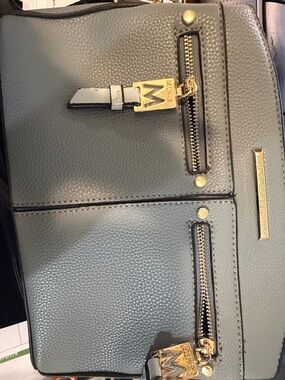 New MIA Pebbled Crossbody Bag in Light Gray/Blue with Black Strap Gold Hardware